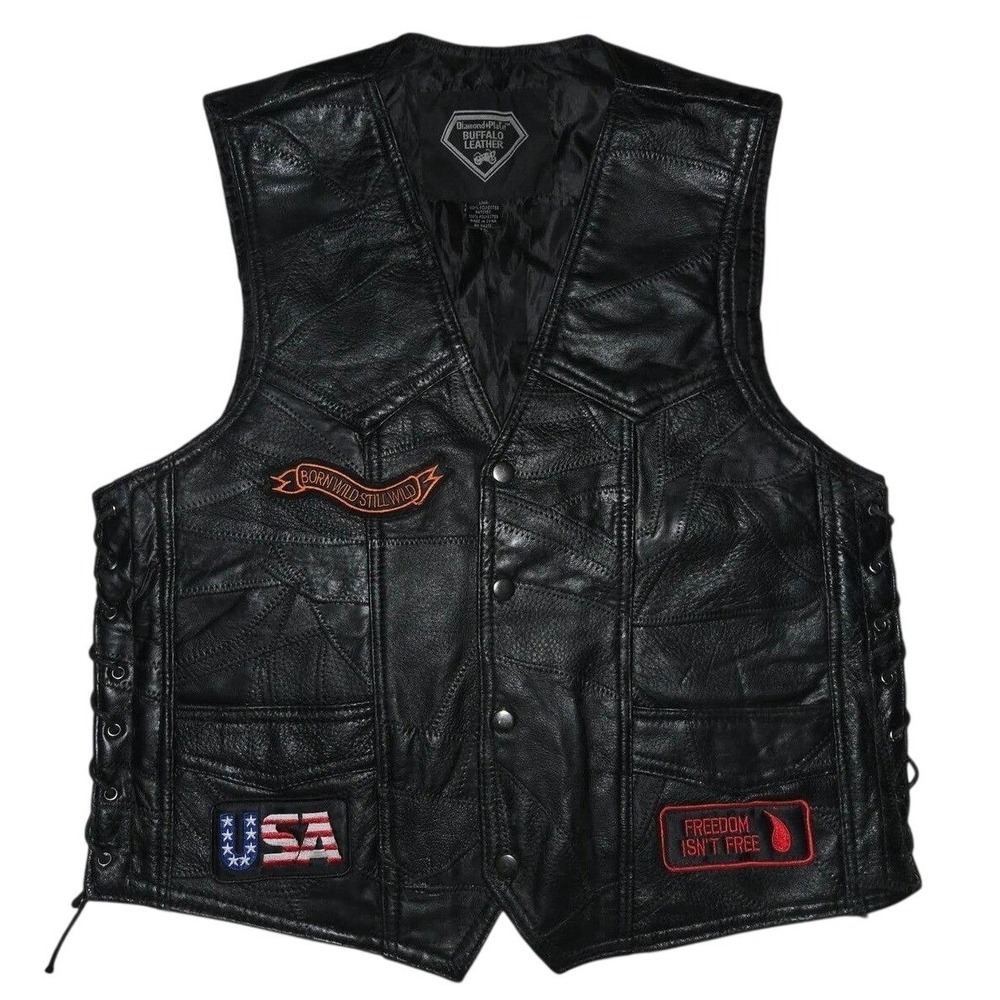 Diamond Plate Leather Vest Mens Medium‎ Black Biker Patchwork #Motorcycle